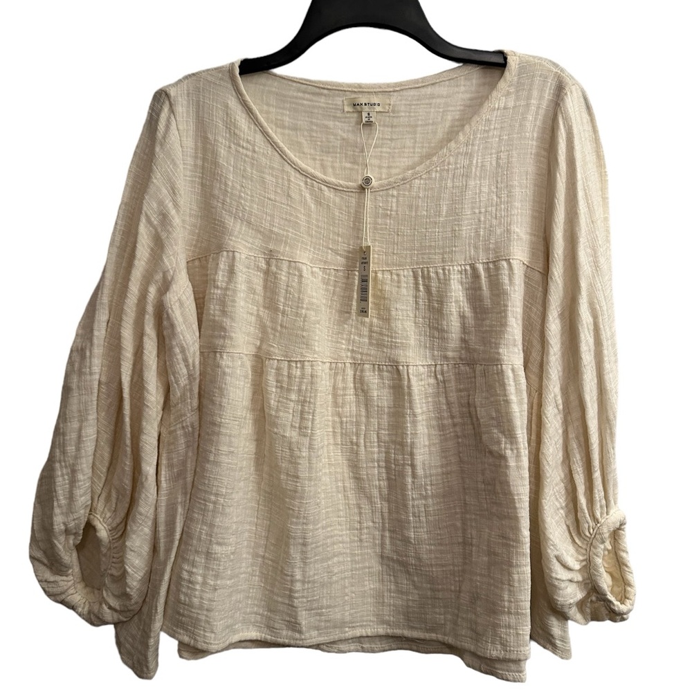 55. Max Studio Ivory Textured Chic Blouse Boho Balloon Sleeve - Picture 3 of 4
